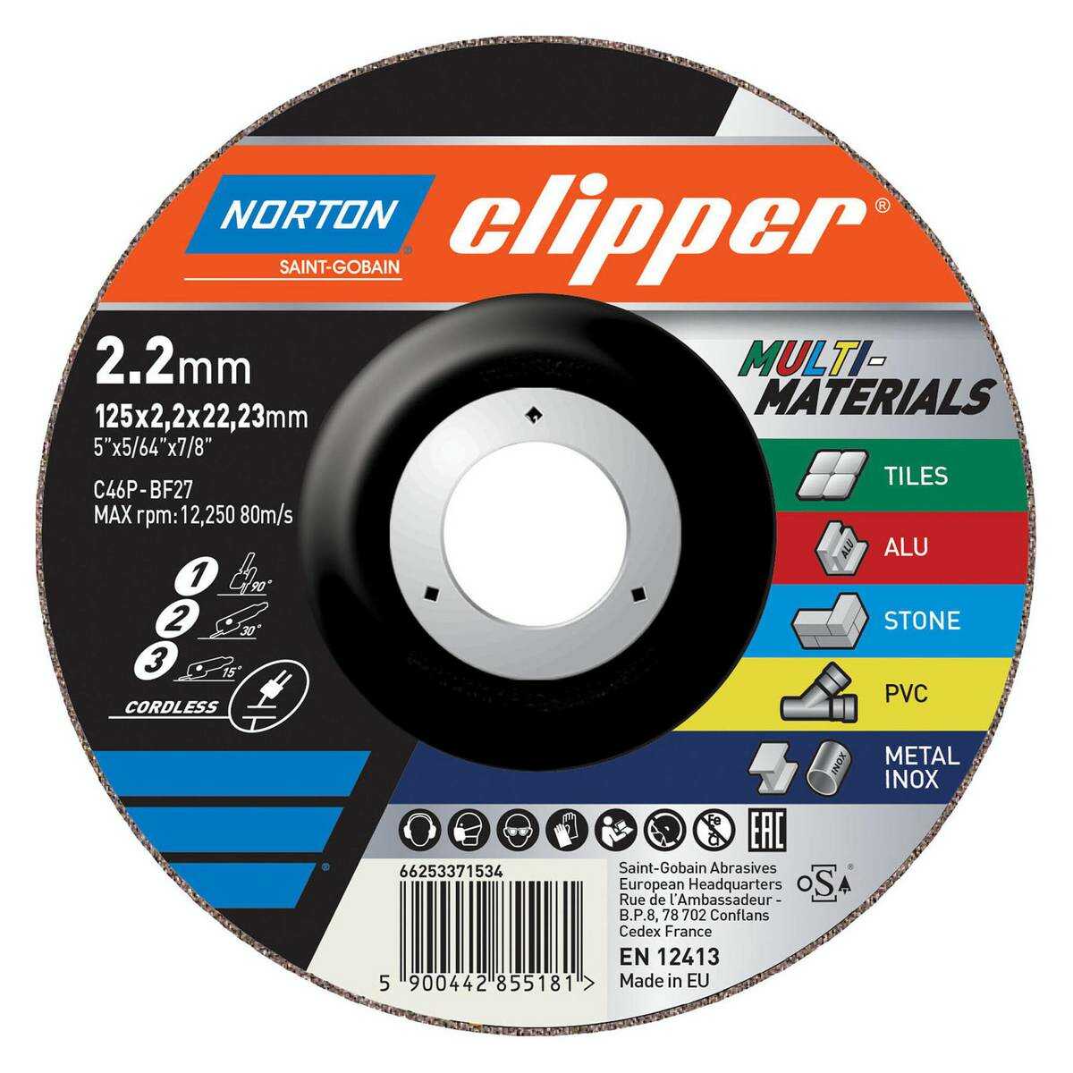 Disque à tronçonner & à ébarber / Multi-usage Ø125x2.2x22.23mm Norton Clipper